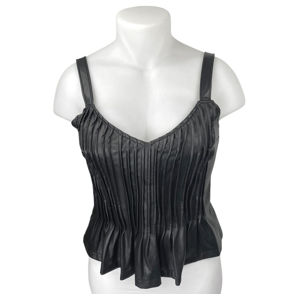 Anthropologie Let Me Be Black Faux Leather Sleeveless Peplum Cami Tank Top OS